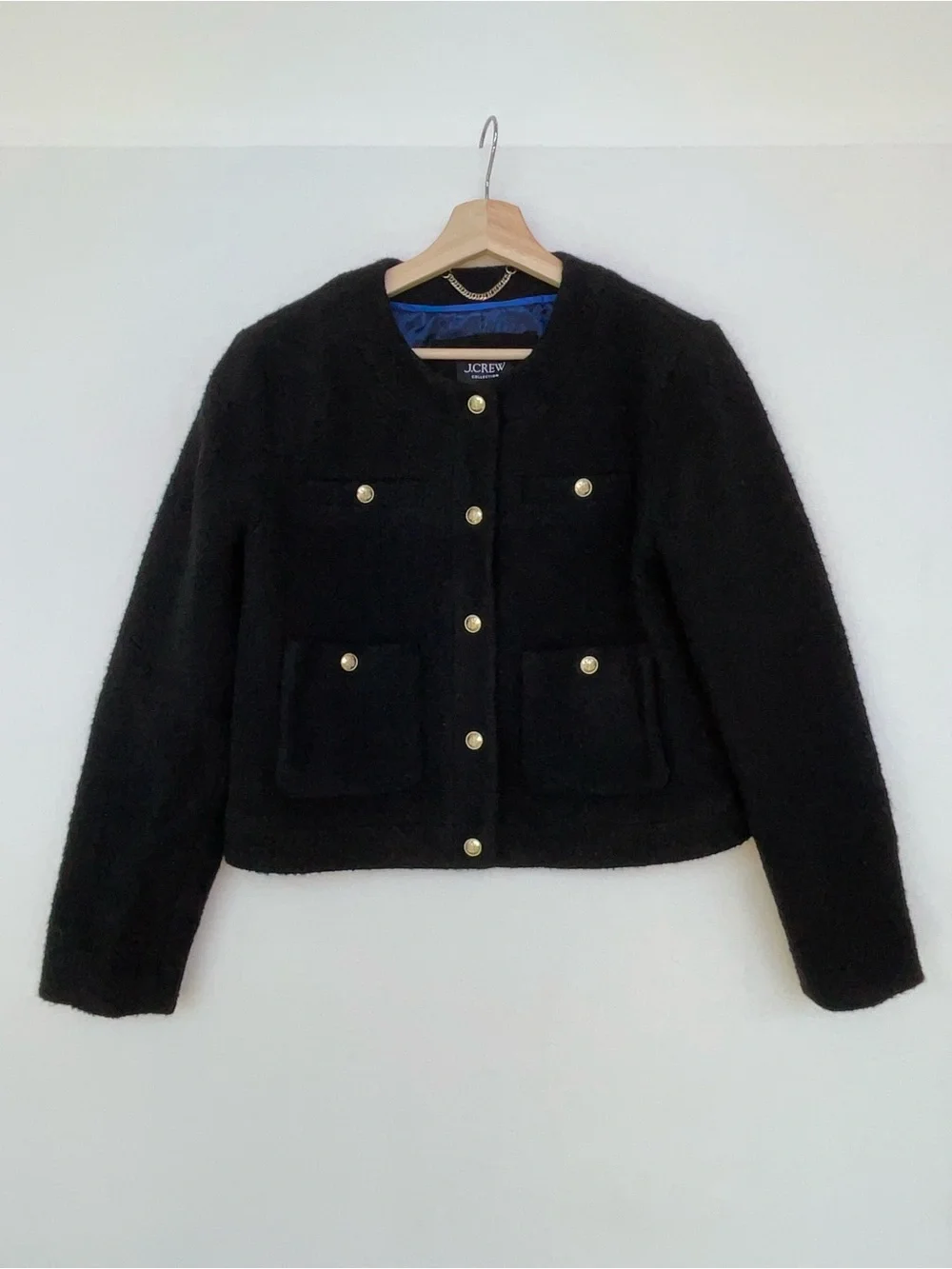 J. Crew Lady  Black Tweed Cropped Button Jacket with Gold Buttons